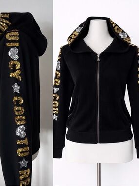 Juicy Couture Sequin Jacket Zip Up Black Gold Size Medium Hoodie Y2K Glam Urban